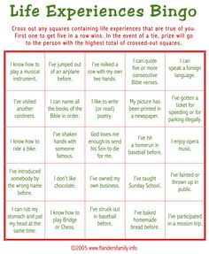 the life experiences bingo game is shown in red and green with white writing on it