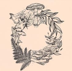 an ink drawing of mushrooms and leaves in the shape of a wreath on a beige background