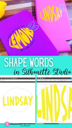 three different colored books with the words shape words in silhouette studio and lindsay