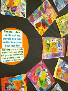 art and craft work displayed on blackboard with orange circle around it that says central ideas in life and art people use their bodies to express how they