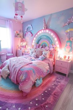 a child's bedroom decorated in pink, blue and white with unicorns on the walls