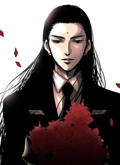 an anime character with long hair holding a bouquet of flowers in his hand and looking down at the ground