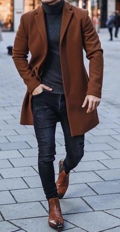 Chelsea Boots Men Outfit, Boots Men Outfit, Dapper Outfit, Fitted Coat, Coat Outfit, Mens Winter Coat, Brown Outfit, Chelsea Boots Men, Mens Fashion Classy