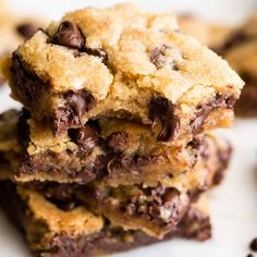 chocolate chip cookie bars stacked on top of each other