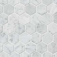 white marble hexagon tiles with grey veining on the backsplashes