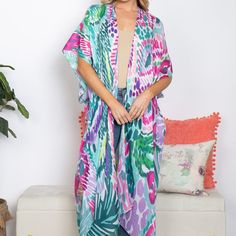 Tropical Print Summer Long Kimono Fabric Content: Polyester One Size Fit Fits Small Through Large V-neck Multicolor Outerwear For Spring, Multicolor Floral Print V-neck Outerwear, Multicolor V-neck Floral Print Outerwear, Floral Print Open Front Outerwear For Beach, Pink Summer Day Out Outerwear, Pink Summer Outerwear For Day Out, Multicolor Floral Print Open Front Outerwear, Multicolor Open Front Outerwear With Floral Print, Green Printed Spring Outerwear