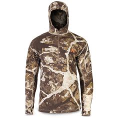 the men's camo hoodie is shown in brown, white and orange