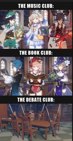 four different anime characters sitting at a table with the caption that reads,'the music club the book club the debate club