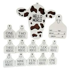 a bunch of tags that say hello world and have different types of animals on them