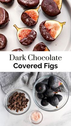 chocolate covered figs on a white plate with other ingredients and text overlay that reads dark chocolate covered figs