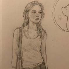 a pencil drawing of a girl standing next to a cat with a thought bubble above her head