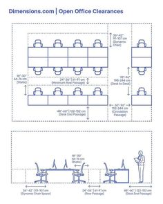 the diagram shows different tables and chairs in an open office area, with one person standing at