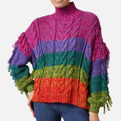 Oversized Rainbow Cable Knit Turtleneck Sweater With Fringe. Fringe Details At Sleeves. Ribbed Cuffs. Small But Can Fit Medium, Large, X-Large - Perfect Teacher Sweater For The Classroom Artsy, Colorful, Eccentric, Pride, Whimsical Bold, Cozy, Flare, All That Jazz, Festive, Happy Brand = Farm Rio Size = S Small Condition = Nwt Color = Rainbow Purple, Pink, Teal, Lime, Orange, Red Material = Yarn Woven Soft Pattern = Striped Ombre Attribute = Fringe Style = Scoop Neck Yellow Lab Friendly / Smoke Crochet Wavy Sweater, Cable Knit Turtleneck, Yarn Sweater, Fringe Fashion, Cable Knit Turtleneck Sweater, Rainbow Sweater, New Farm, Fringe Sweater, Knit Turtleneck