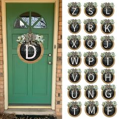 a green front door with the letters d and w on it next to a set of wreaths