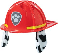 a toy fireman's helmet with paw prints on the front and side of it