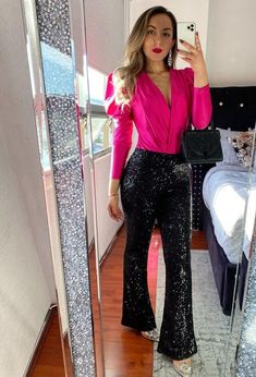 Sparkly Pants Outfit, Black Sequin Pants Outfit, Hot Pink Blazer Outfit, Sequins Pants Outfit, Sparkly Pants, Black Sequin Pants, Sequin Pant