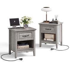 two nightstands with one open and the other closed, both have drawers on each side