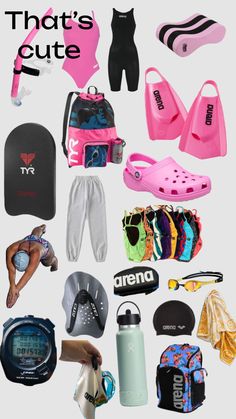 there are many different items that can be found in this image, including swimming gear