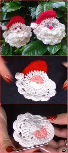 crocheted santa clause is shown in three different pictures, one with red and white yarn