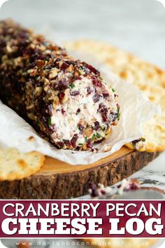 cranberry pecan cheese log with text overlay