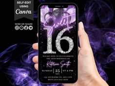 Please visit the below link to view more sweet 16 invitations:  https://www.etsy.com/uk/shop/StudioTemplateStore?ref=seller-platform-mcnav&sort_order=date_desc&search_query=16 Introducing our dazzling and sophisticated Digital Black Purple Lavender Invitation with Diamonds and Glitter Accents, featuring eye-catching neon fonts! This exquisite design is perfect for making a bold and memorable statement for your upcoming event. 🌈 Why Choose Our Invitation? 🌈 🔮 Glamorous Design: The combination of black, purple, and lavender creates a luxurious and mysterious atmosphere. The shimmering diamonds and glitter accents add a touch of elegance and glamour. ✨ Neon Fonts: Our neon fonts add a modern and edgy twist to the design, making your invitation truly stand out. Your event details will pop w Lavender Invitation, Neon Font, 16 Invitations, 16th Birthday Invitations, Sweet 16 Invitations, Corporate Party, Facebook Event, 16th Birthday Party, Sweet 16 Parties