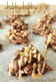 chocolate covered cookies with caramel drizzles on top and the words chubby hubby clusters above them