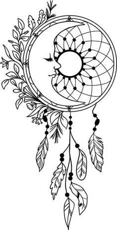 a black and white drawing of a dream catcher