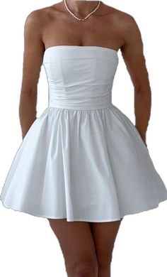 White Mini Dress With Pleated Bodice, White Mini Dress With Pleated Fitted Bodice, White Pleated Bodice Mini Dress For Summer, Fitted Full Skirt Dress With Ruched Details, Fitted Ruched Dress With Full Skirt, Voluminous Mini Dress With Ruffles, White A-line Dress With Ruched Bodice, Summer Dresses With Ruched Bodice And Voluminous Skirt, Sleeveless Dresses With Ruched Bodice And Voluminous Skirt