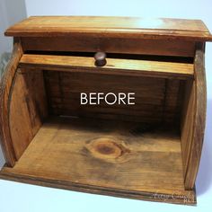 an old wooden box with the words before and after written on it