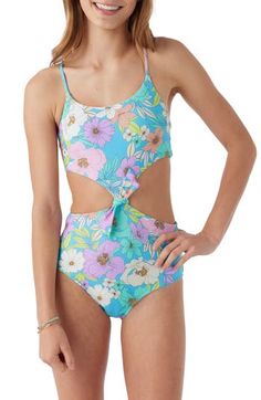 Let your kiddo splash and play in this lively printed one-piece styled with a knotted front and airy waistline cutouts. Removable soft cups Full back coverage Lined 82% recycled nylon, 18% elastane Hand wash, dry flat Imported Soft Cup, One Piece Swimsuit, Knot, Size 12, Hand Wash, Nordstrom, One Piece, Pink