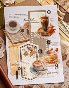 an assortment of papers with coffee and pastries on them