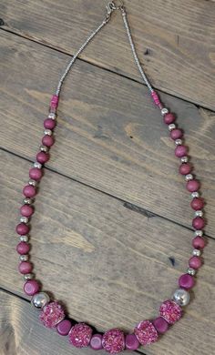 Pink Beaded Beads Silver Necklace Statement Necklace Matinee Length Handmade Jewelry for Women Gift Pink Beaded Necklaces For Festivals, Pink Multi-strand Large Beads, Festival Pink Beaded Necklace, Adjustable Pink Jewelry With Wooden Beads, Pink Wooden Beaded Necklaces For Gifts, Adjustable Pink Necklace With Large Beads, Adjustable Long Beaded Necklace With Silver Beads, Pink Wooden Beads Necklace For Gift, Large Pink Beads For Jewelry Making