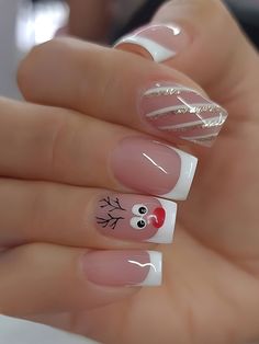 Christmas Deer French Style Short Square Faux Nail Set For Finger, 24pcs With White Edge Makijaż Smokey Eye, Square Acrylic Nails, Short Acrylic Nails