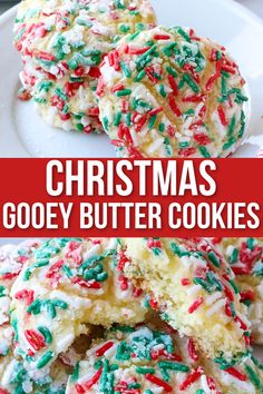 christmas gooey butter cookies with sprinkles on top and the words, christmas gooey butter cookies