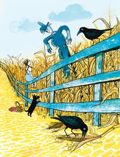 an illustration of birds and cats on a wooden fence in front of a cornfield