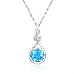 Add a stylish twist to your favorite attire! In many cultures, topaz represents friendship, loyalty, and faithfulness. This pendant sports an impressive 1.8 carats of stunning blue topaz! Created white sapphires perfectly surround this stunning masterpiece. Blue Topaz Birthstone Necklace In Fine Jewelry Style, Blue Diamond Birthstone Necklace For Anniversary, Blue Topaz Necklaces With Accent Stones, Blue Diamond Necklace With Accent Stones, Sapphire Topaz Necklace With Accent Stones, Blue Topaz Necklace With Accent Stones, Blue Topaz Necklaces With Diamond Accents, Blue Cubic Zirconia Necklace With Accent Stones, Blue Teardrop Pendant Jewelry With Diamond Accents