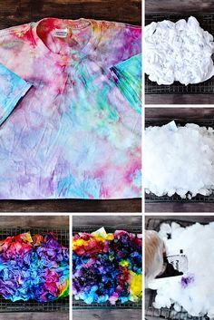 the process of making tie - dyed shirts is shown in four different stages, including dye and