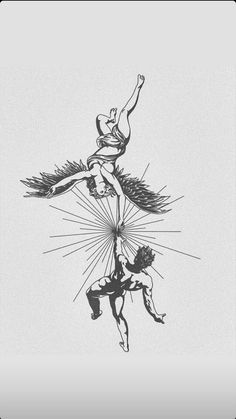 a black and white drawing of a woman on top of a man in the air