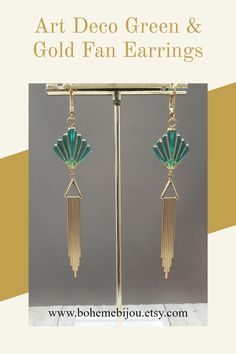 Long elegant Art Deco earrings for modern-day Flapper style Retro Green Jewelry For Evening, Green Art Deco Drop Earrings, Art Deco Green Jewelry For Pierced Ears, Retro Green Drop Earrings, Retro Green Earrings For Party, Green Retro Party Earrings, Green Metal Art Deco Jewelry, Gold Art Deco Earrings, Art Nouveau Earring