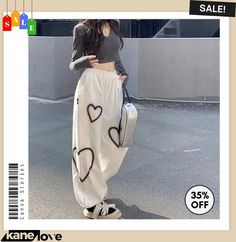 Women Fashion Loose Heart Print Fleece-lined Jogger Pants Streetwere Style Women, Casual High Waist Heart Print Bottoms, Casual Straight Leg Bottoms With Heart Print, Casual White Bottoms With Heart Print, Casual Long Pants With Heart Print, Sparkly Black Outfit, K Pop Inspired Outfits, Kpop Pants, Hip Hop Cargo Pants