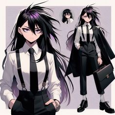 an anime character with long black hair wearing a white shirt and tie, holding a briefcase