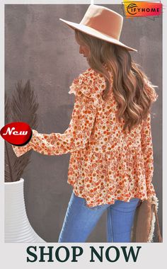 Orange Floral Pattern Peplum Blouse with Ruffles Spring Brunch Blouse With Ruffles, Spring Ruffle Blouse For Brunch, Bohemian Top With Ruffled Collar, Bohemian Long Sleeve Tops With Ruffle Hem, Spring Bohemian Tops With Ruffled Collar, Flowy Ruffle Sleeve Printed Blouse, Bohemian Ruffle Sleeve Blouse, Trendy Ruffle Hem Blouse For Fall, Fall Ruffled Billowy Blouse