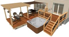 a hot tub sitting on top of a wooden deck next to a patio with chairs