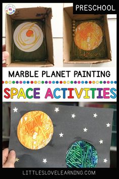 two pictures of the inside of a box with paper plates in it and text that reads marble planet painting space activities