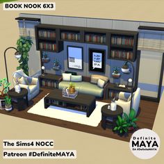 the sims nocc patreon furniture is displayed in front of bookshelves