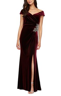 red Velvet Evening Dress, Gala Dress, Metallic Embroidery, Flare Gown, Gown Style, Velvet Gown, Alex Evenings, Petite Dresses, Dress Ideas