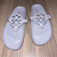 Size 8, Blueish Grey Color. Never Worn. Gray Flat Sandals For Spring, Gray Closed Toe Synthetic Sandals, Gray Synthetic Closed Toe Sandals, Spring Adjustable Gray Sandals, Spring Gray Adjustable Sandals, Gray Synthetic Sandals With Round Toe, Gray Cushioned Closed Toe Sandals, Tory Burch Sandals, Tory Burch Shoes