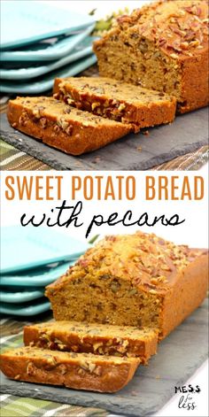 sweet potato bread with pecans is cut in half and stacked on top of each other