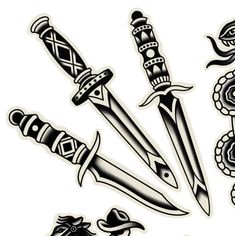 several different types of knifes with tattoos on them