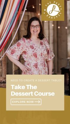 a woman standing in front of a curtain with the words, take the desert course explore now